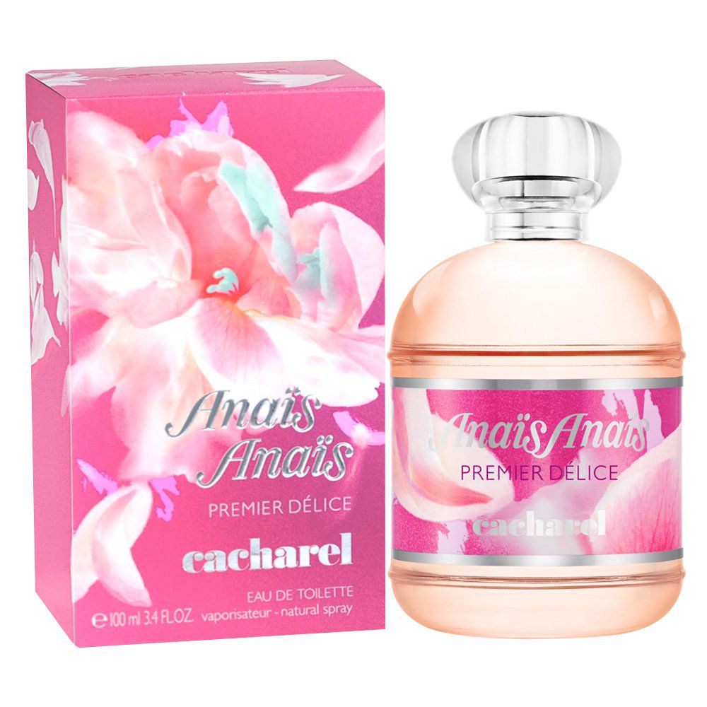 A bottle of Cacharel Anais Anais Premier Delice 100ml Eau De Toilette in a pink box.