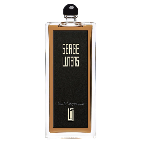 The 100ml Eau De Parfum bottle of Serge Lutens Santal Majuscule showcases a tall, rectangular design with a black label and cap, capturing the captivating essence of an amber woody fragrance.