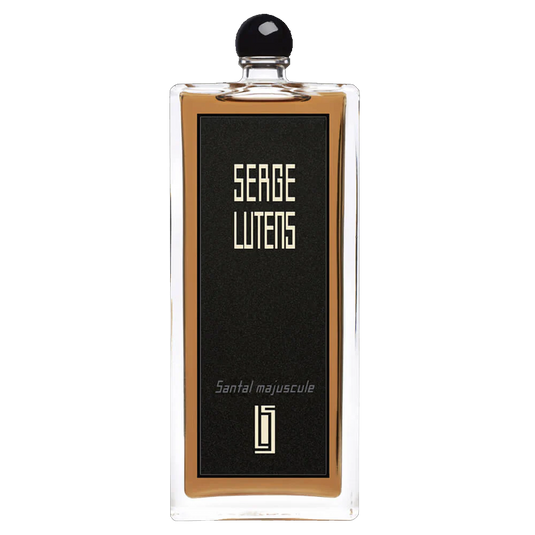 The 100ml Eau De Parfum bottle of Serge Lutens Santal Majuscule showcases a tall, rectangular design with a black label and cap, capturing the captivating essence of an amber woody fragrance.