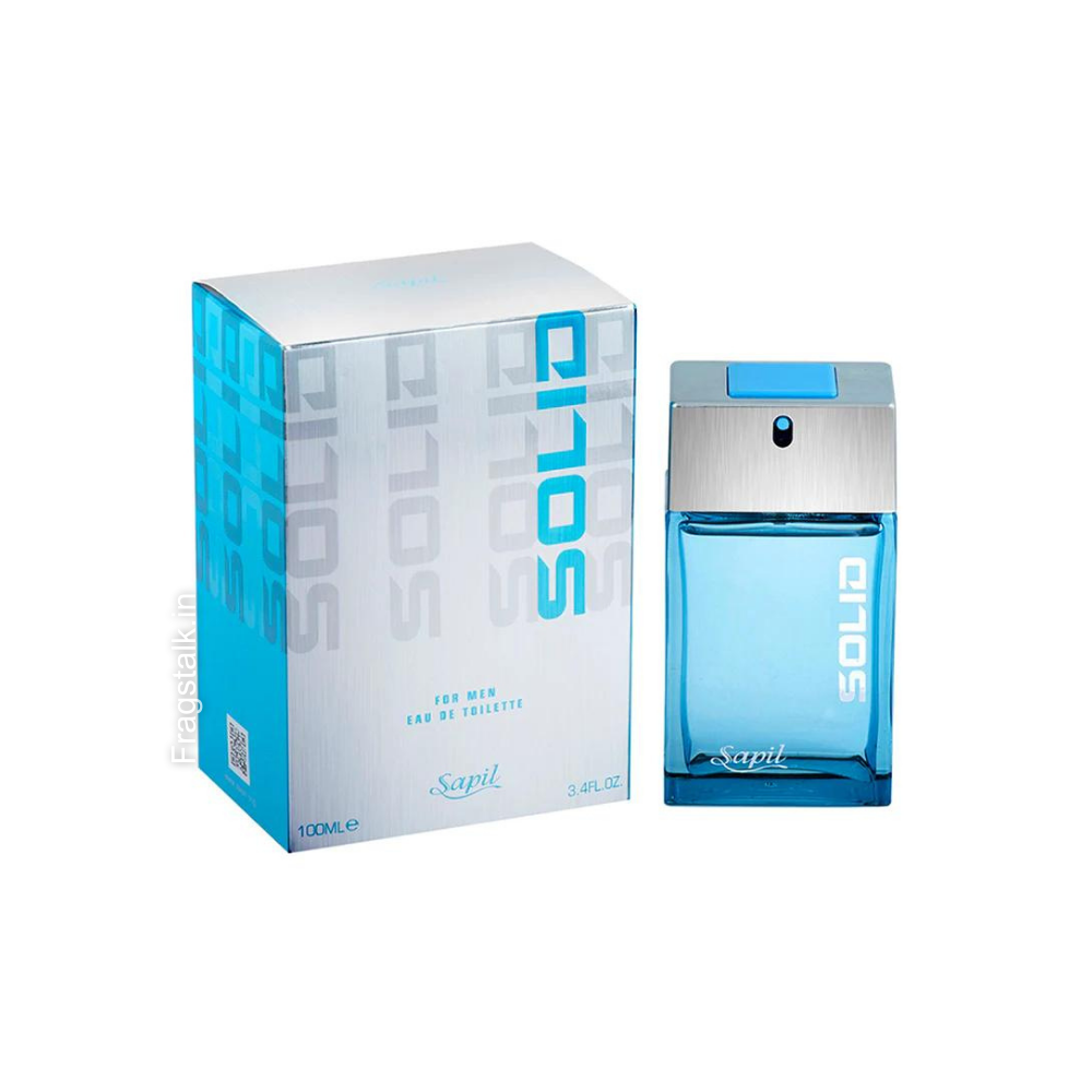 A rectangular blue perfume bottle labeled "Sapil Solid" stands next to its matching box, which displays the name both vertically and horizontally. Branded by Sapil, this 100 ml Eau De Toilette epitomizes masculinity for men.