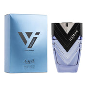 A blue box and a matching blue glass bottle of Sapil Iconic 100ml Eau De Parfum, both featuring black and silver detailing. This fragrance for men by Sapil boasts a geometric design and contains 100ml of invigorating scent.