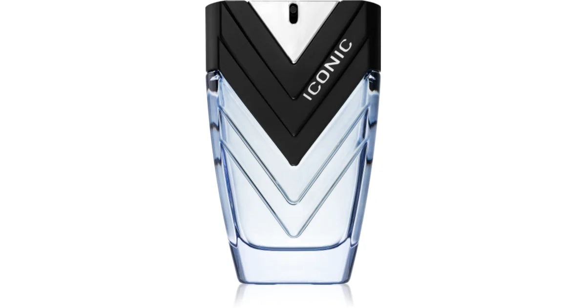 A clear glass bottle of Sapil Iconic 100ml Eau De Parfum by Sapil, featuring a black triangular cap and the word "ICONIC" written on it.