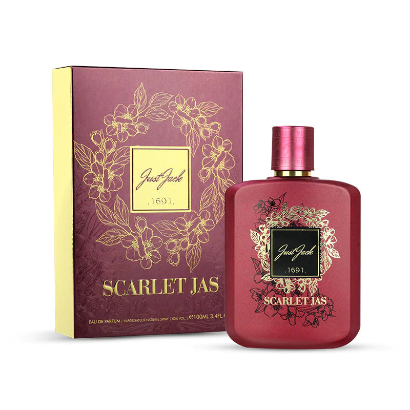 A bottle of Rio Perfumes' "Just Jack Scarlet Jas 100ml Eau De Parfum" next to its maroon packaging featuring floral designs and the year 1691.