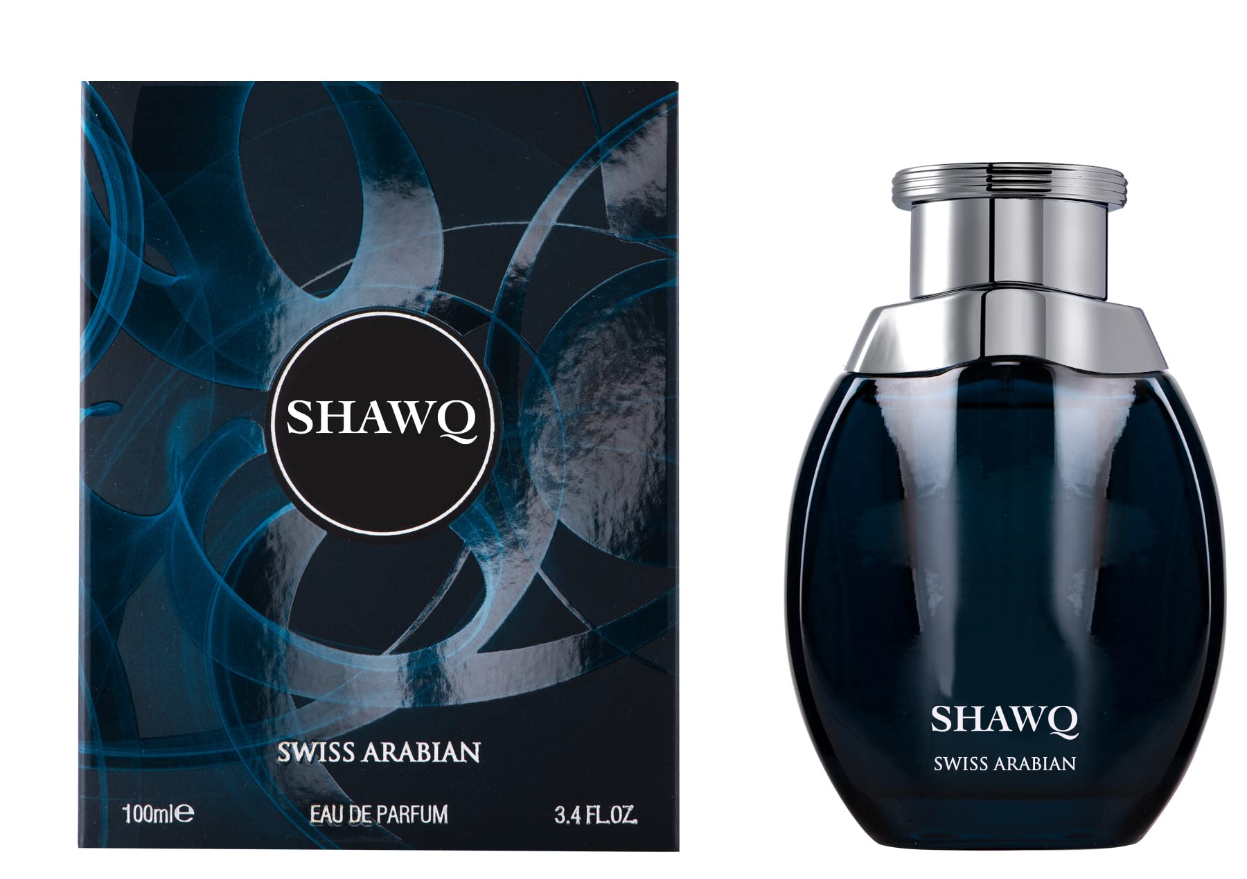 A 100ml bottle of Swiss Arabian Shawq 100ml Eau De Parfum, a captivating unisex fragrance with a hint of citrus, presented in a matching box displaying the Shawq logo.