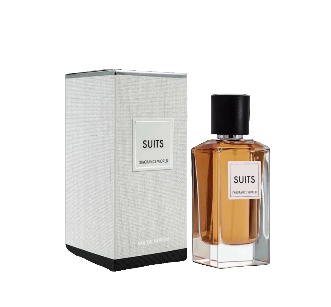 A "Fragrance World Suits 100ml Eau De Parfum" bottle sits beside its box, exuding an enchanting Oriental Spicy fragrance.