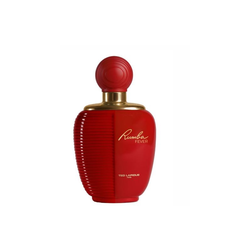 Load image into Gallery viewer, A red bottle of Ted Lapidus Rumba Fever 100ml Eau De Toilette perfume features a round cap and gold accents, embodying an Oriental Floral fragrance.
