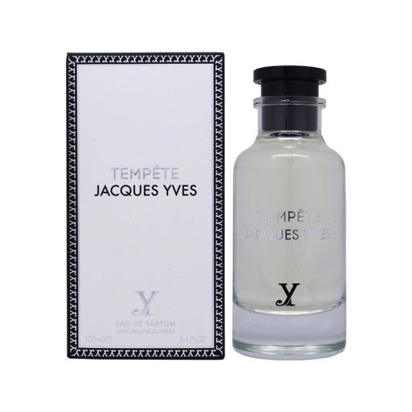 A bottle of "Fragrance World Jacques Yves Perfume Tempete 100ml Eau De Parfum," showcased next to its box, captures the essence of Fragrance World. The transparent bottle with a black cap complements the elegant packaging featuring the product name and logo. This exquisite Fragrance World Perfume comes in a generous 100ml size.