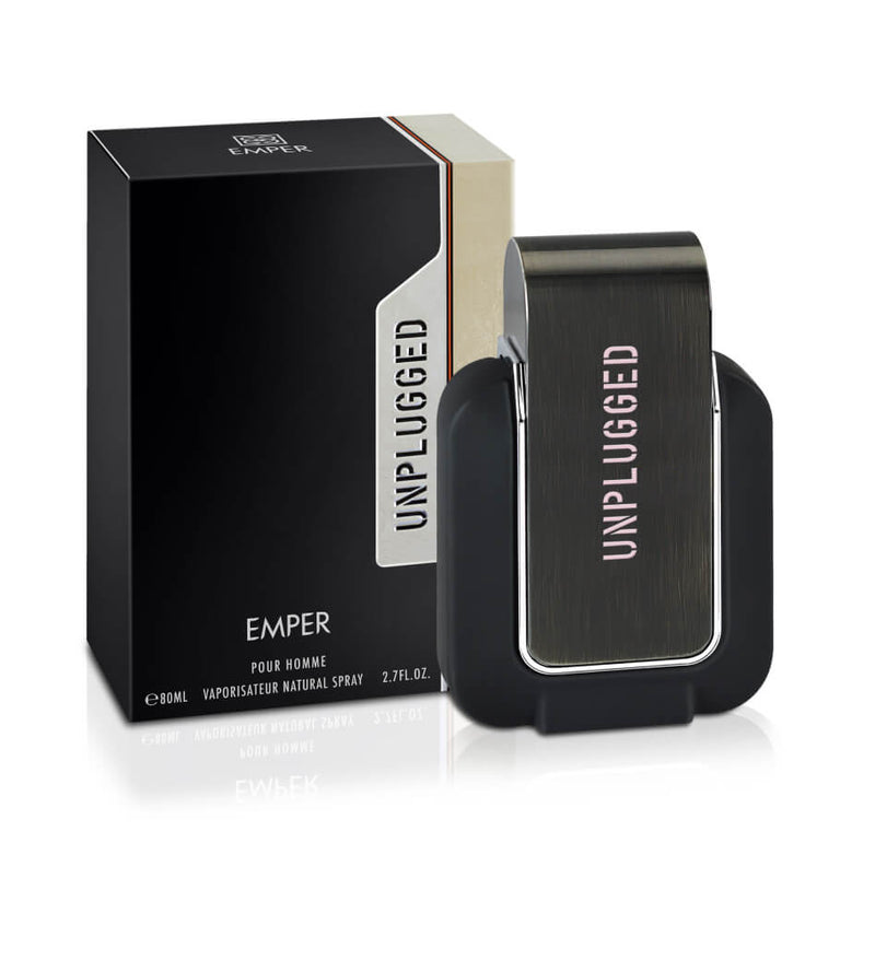 Load image into Gallery viewer, A black and silver bottle of Emper Unplugged Event Pour Homme 80ml Eau De Parfum is shown in front of its matching black and silver packaging box, perfect for any Emper event.
