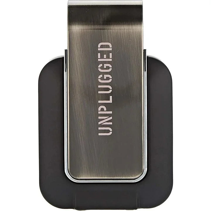 A metallic belt clip with the word "Emper Unplugged Event Pour Homme 80ml Eau De Parfum" engraved on it, attached to a black base, reminiscent of the sophisticated allure of an Emper Eau De Parfum.