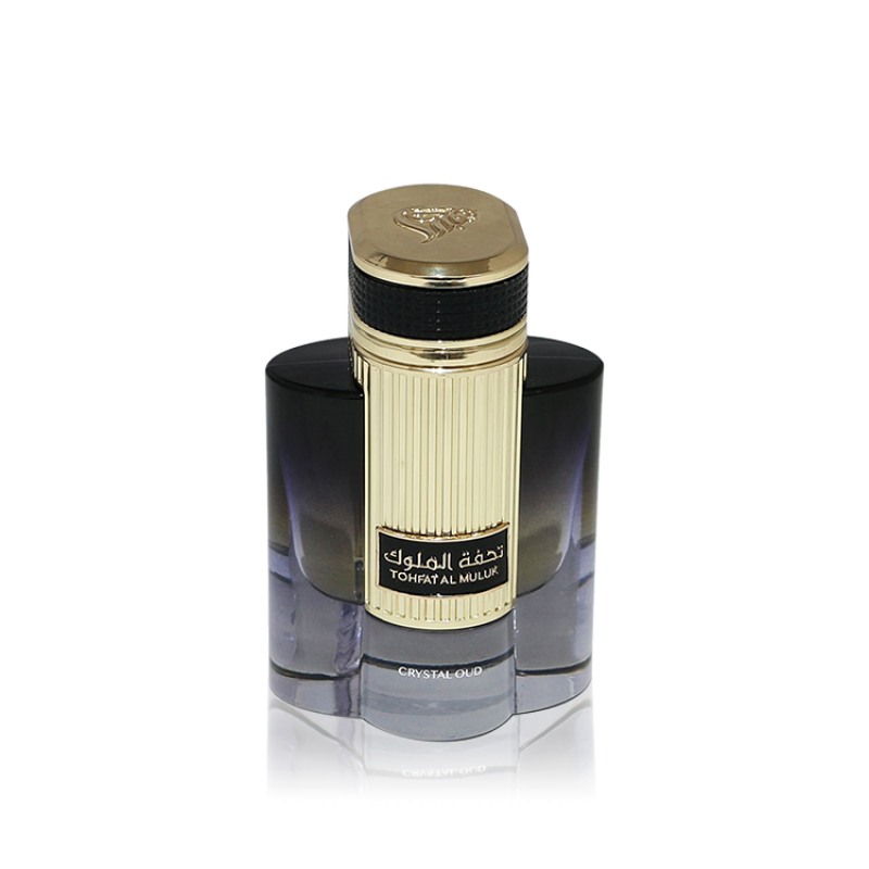 A bottle of Lattafa Tohfat Al Muluk Crystal Oud 100ml Eau de Parfum by Lattafa, a fragrance for both men and women, displayed on a white background.