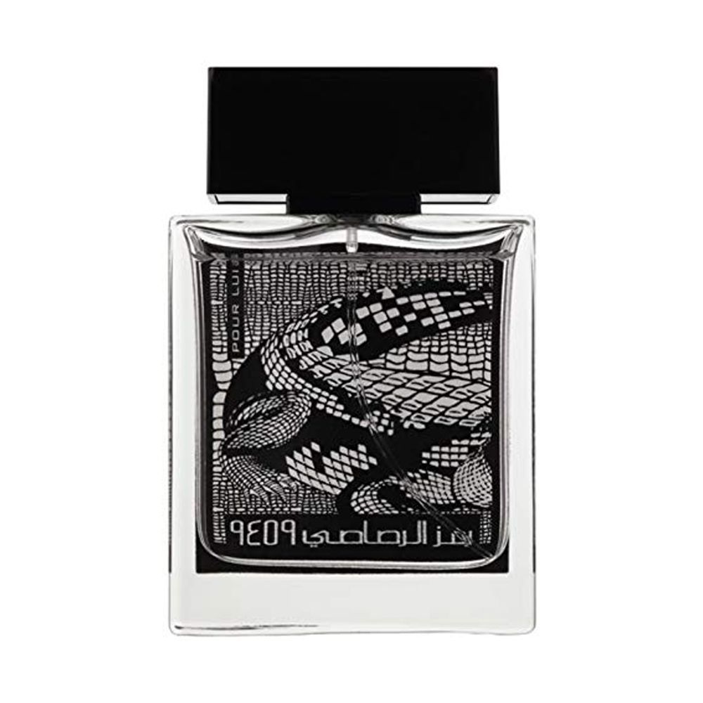 A bottle with a black and white design on it, inspired by the Rasasi Rumz Al Rasasi 9459 Crocodile pour lui 50ml Eau De Parfum fragrance line by Rasasi.