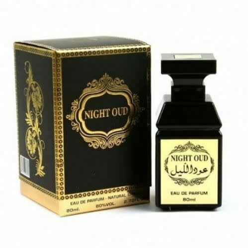 A bottle of Dubai Perfumes' Fragrance World Night Oud 80ml Eau De Parfum next to a box.