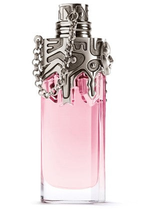 A refillable pink bottle of Thierry Mugler Womanity 80ml EDP spray with a chain, available at Rio Perfumes.