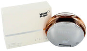 Mont Blanc Présence d'une femme 75ml Eau De Toilette bottle and box set, showcasing a round, clear silver bottle with a silver cap. The cream-colored box prominently features the Mont Blanc logo, making it an ideal presentation for this Oriental Vanilla fragrance.