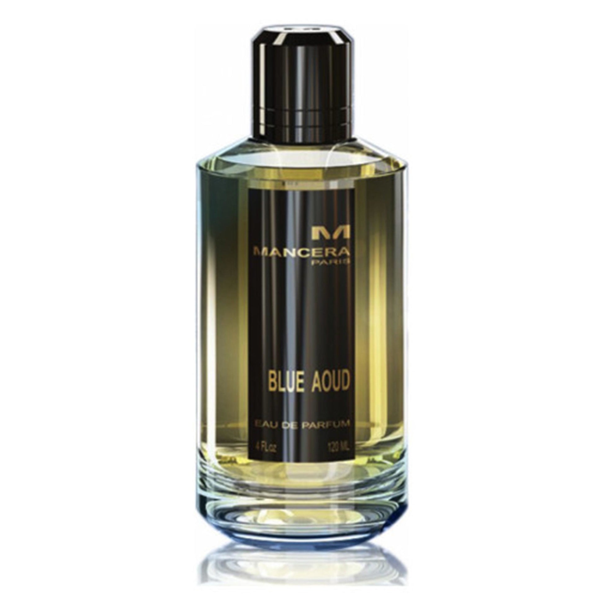 A 120ml bottle of Mancera Blue Aoud Eau De Parfum from Rio Perfumes on a white background.