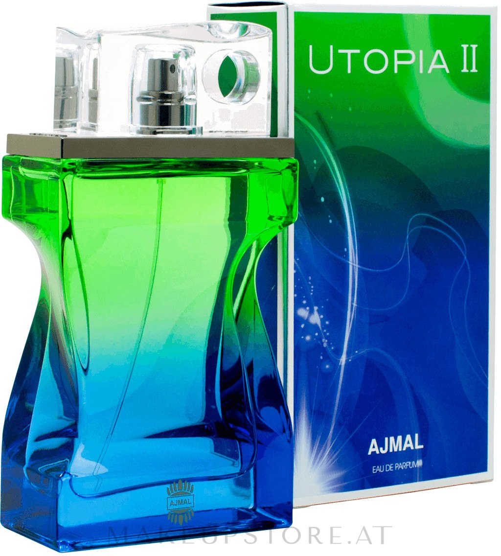 A 90ml bottle of Ajmal Utopia II Eau De Parfum for men, available at Rio Perfumes.