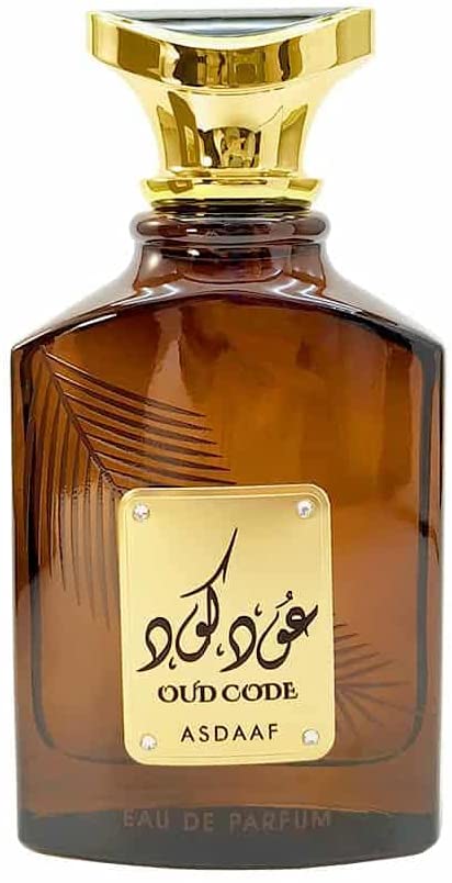 A unisex Asdaaf Oud Code agaraf Eau De Parfum fragrance bottle by Mural De Ruitz.