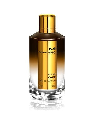 A bottle of Mancera Aoud Café perfume on a white background.