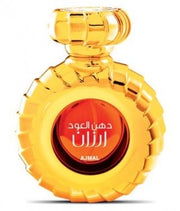 A bottle of Rio Perfumes Ajmal Dahn Al Oudh Arzan 30ml Eau De Parfum with arabic words on it.