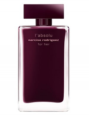 A purple perfume bottle labeled "Narciso Rodriguez L'Absolu 100ml EDP" with a rectangular cap, exuding a musky scent.