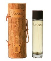 A bottle of Arabian Oud Woody 100ml cologne next to a wooden box.