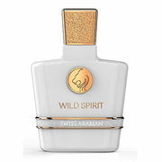 A Swiss Arabian Wild Spirit 100ml Eau De Parfum bottle with gold accents, perfect for both men and women as a fragrance.