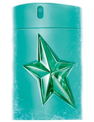 A turquoise spray bottle with a large, embossed star design on the front, reminiscent of the fresh and invigorating scent of Thierry Mugler Amen Kryptomint 100ml EDT by Mugler.