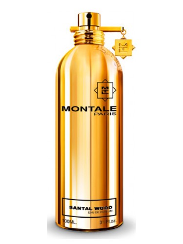 The Montale Paris Santal Wood 100ml Eau De Parfum, housed in a gold cylindrical bottle adorned with "Montale Paris" and "Santal Wood" text, features a logo and a small charm near the top. This 100ml (3.3 fl oz) fragrance is a captivating blend that embodies luxury.
