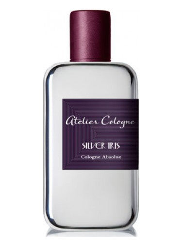 A bottle of Atelier Cologne Silver Iris 100ml Cologne Absolue Metal, featuring a sleek silver body and a dark purple label and cap, embodying the essence of refined fragrance.