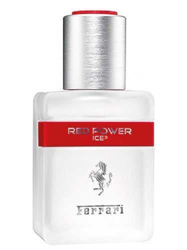 A 125ml bottle of Ferrari Red Power Ice3 Eau De Toilette by Ferarri, with a silver cap and red band adorned with the iconic prancing horse logo, delivers an aromatic spicy fragrance.