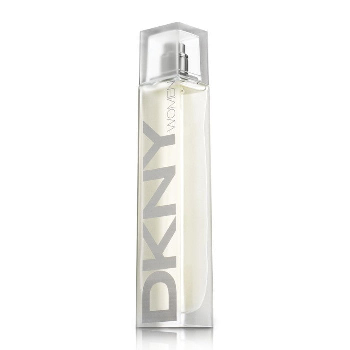 The DKNY Woman Original 30ml EDP perfume comes in a clear glass bottle showcasing a tall, rectangular design adorned with prominent gray lettering on the front, embodying both elegance and simplicity.