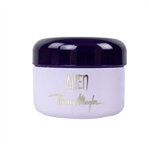 A purple jar of Rio Perfumes MUGLER ALIEN CRÈME d’ECLAT 15ml featuring a dark purple cap and gold lettering on the label.