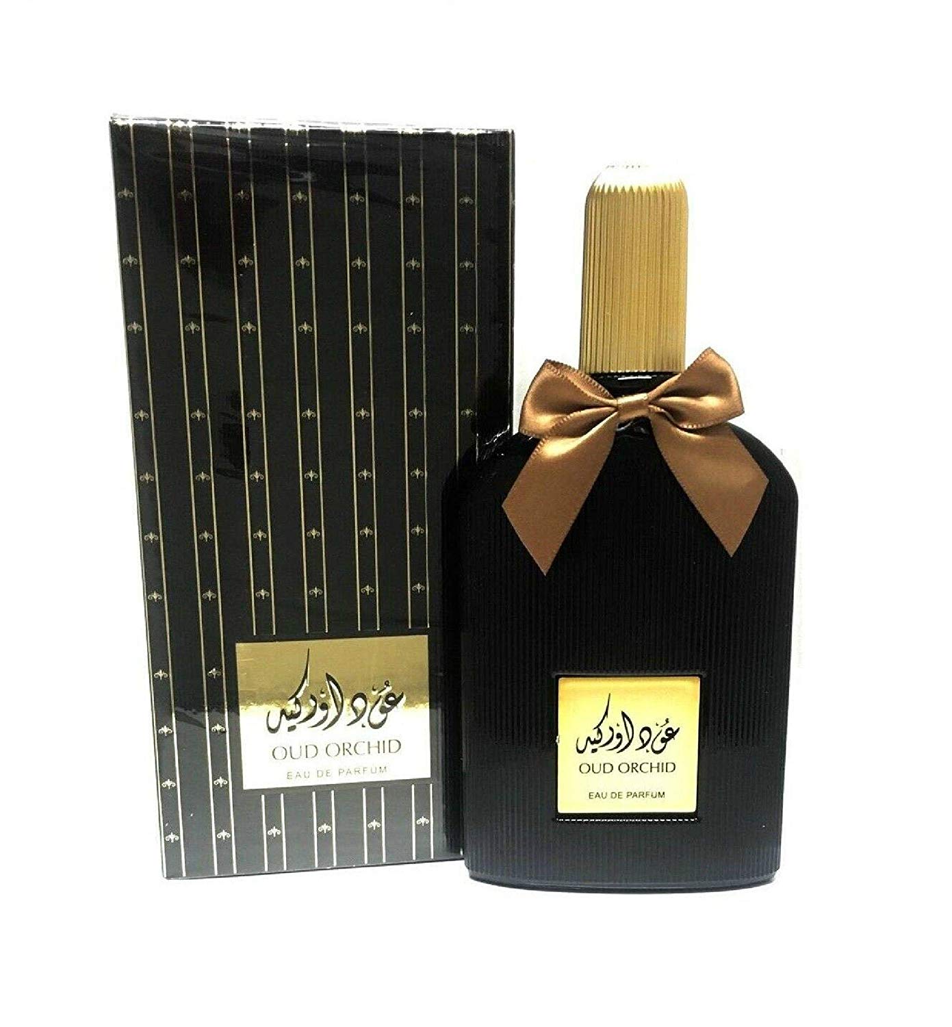 A Suroori Oud Orchid 100ml Eau De Parfum bottle with a bow on it.