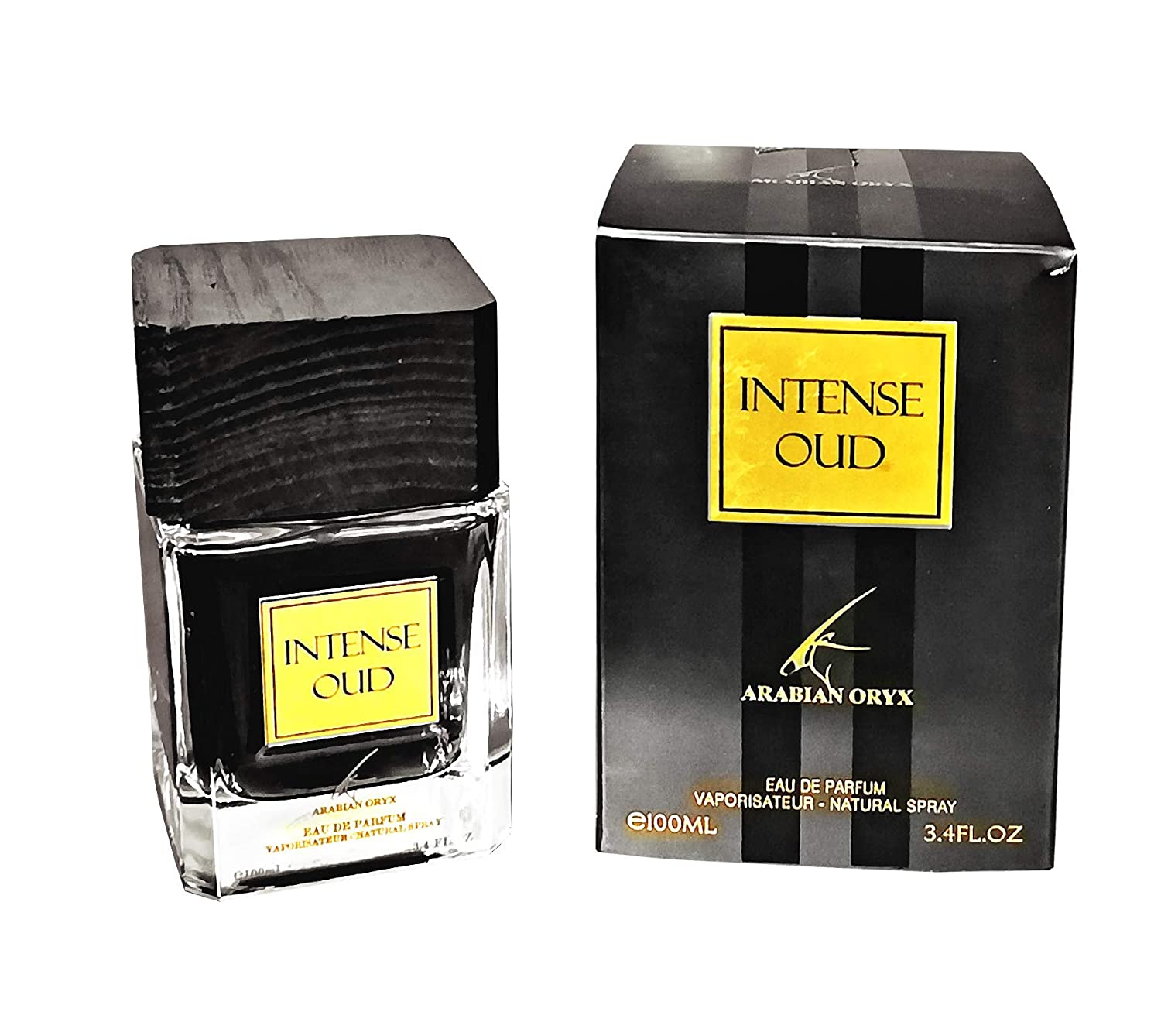 A bottle of Paris Corner Intense Oud cologne next to a box.