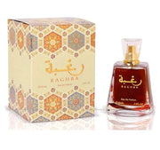 A bottle of Lattafa Raghba 100ml Eau De Parfum in front of a box.