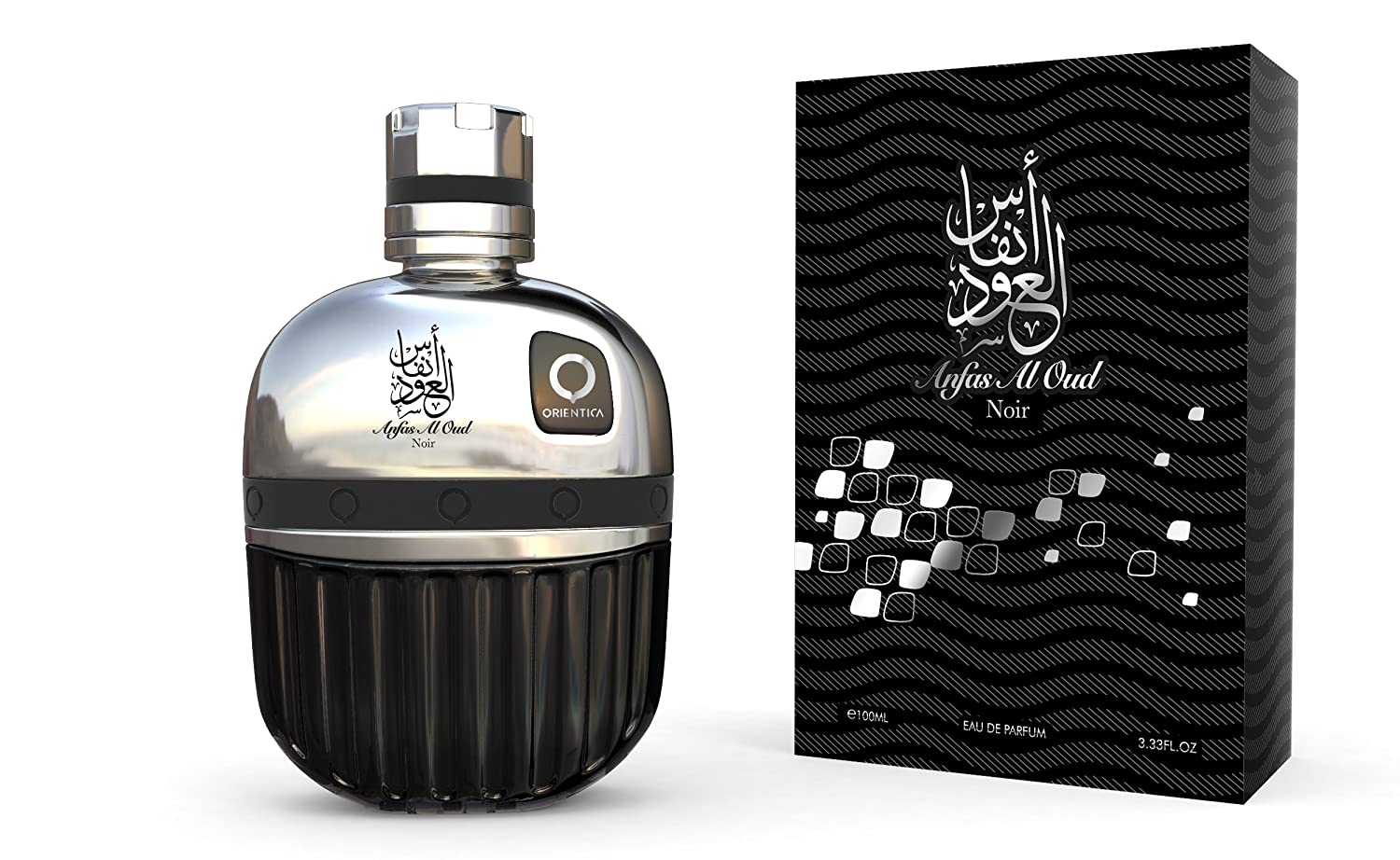 A fragrance bottle with Arabic calligraphy featuring the scent Orientica Anfas Al Oud Noir 100ml Eau De Parfum from Dubai Perfumes.