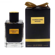 A bottle of Fragrance World Hardcore Wood 100ml Eau De Parfum with a hardcore wood fragrance.