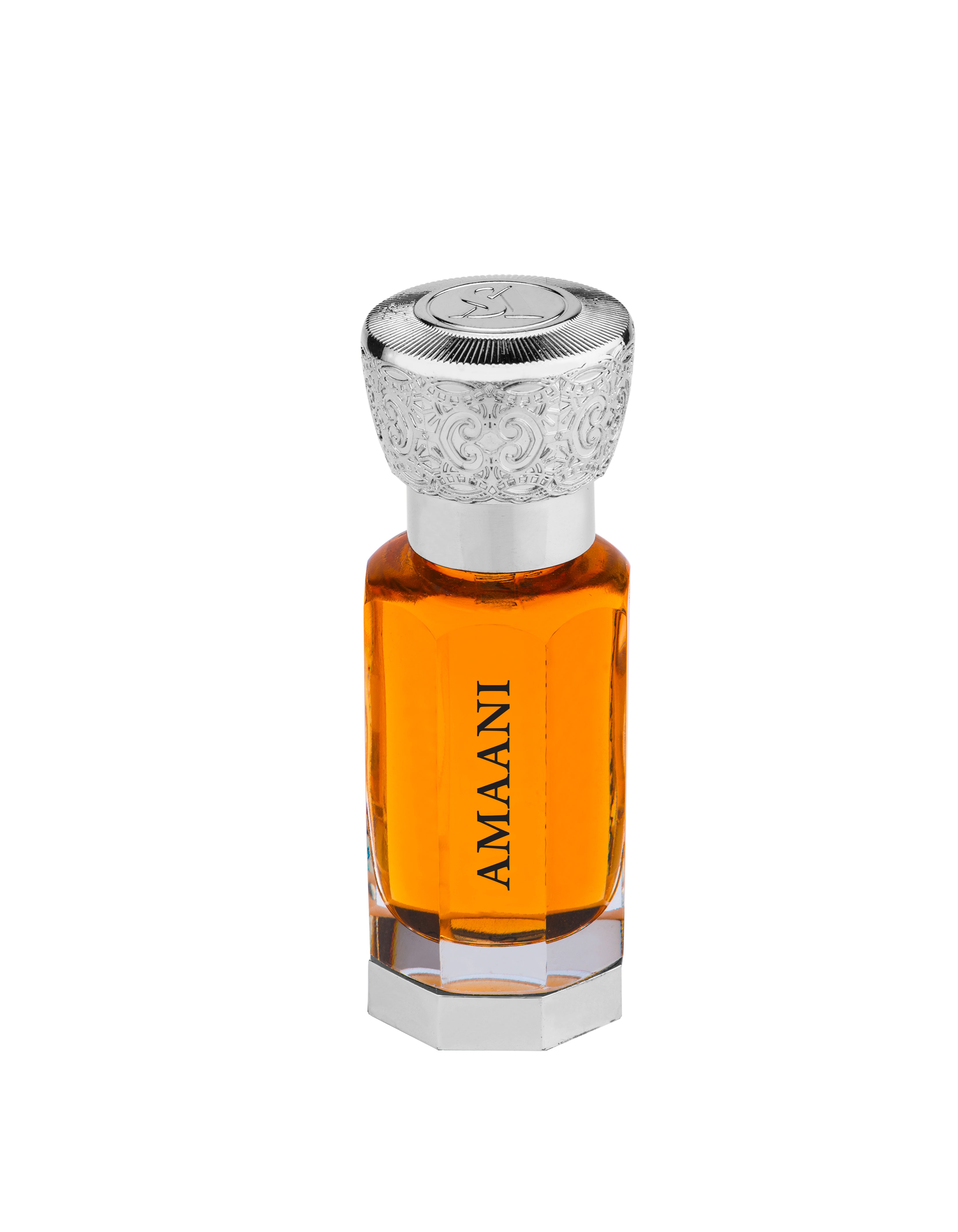 A clear, hexagonal perfume bottle labeled "AMAANI," filled with amber-colored liquid and featuring an ornate silver cap, holds the Swiss Arabian Amaani Concentrated Perfume Oil. This unisex fragrance is a blend of elegance and sophistication.