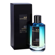 A bottle of Mancera Aoud Blue Notes 120ml Eau De Parfum with a box next to it.