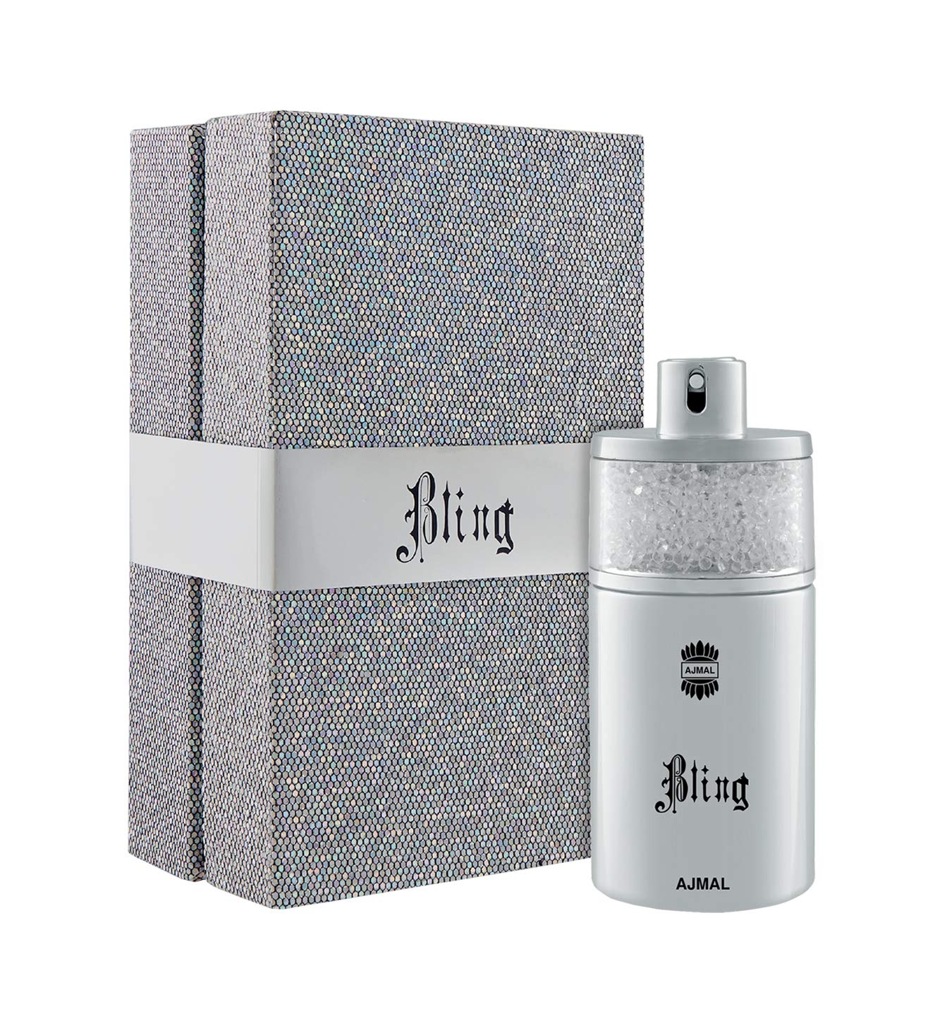 An Ajmal Bling 75ml Eau De Parfum bottle with an Rio Perfumes gift box next to it.