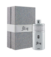 An Ajmal Bling 75ml Eau De Parfum bottle with an Rio Perfumes gift box next to it.