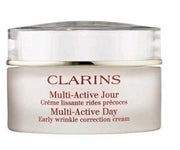 A 50ml Clarins Multi Active Day cream jar from Rio Perfumes, buy 1 get 1 free, features bilingual text on the front label for early wrinkle correction.