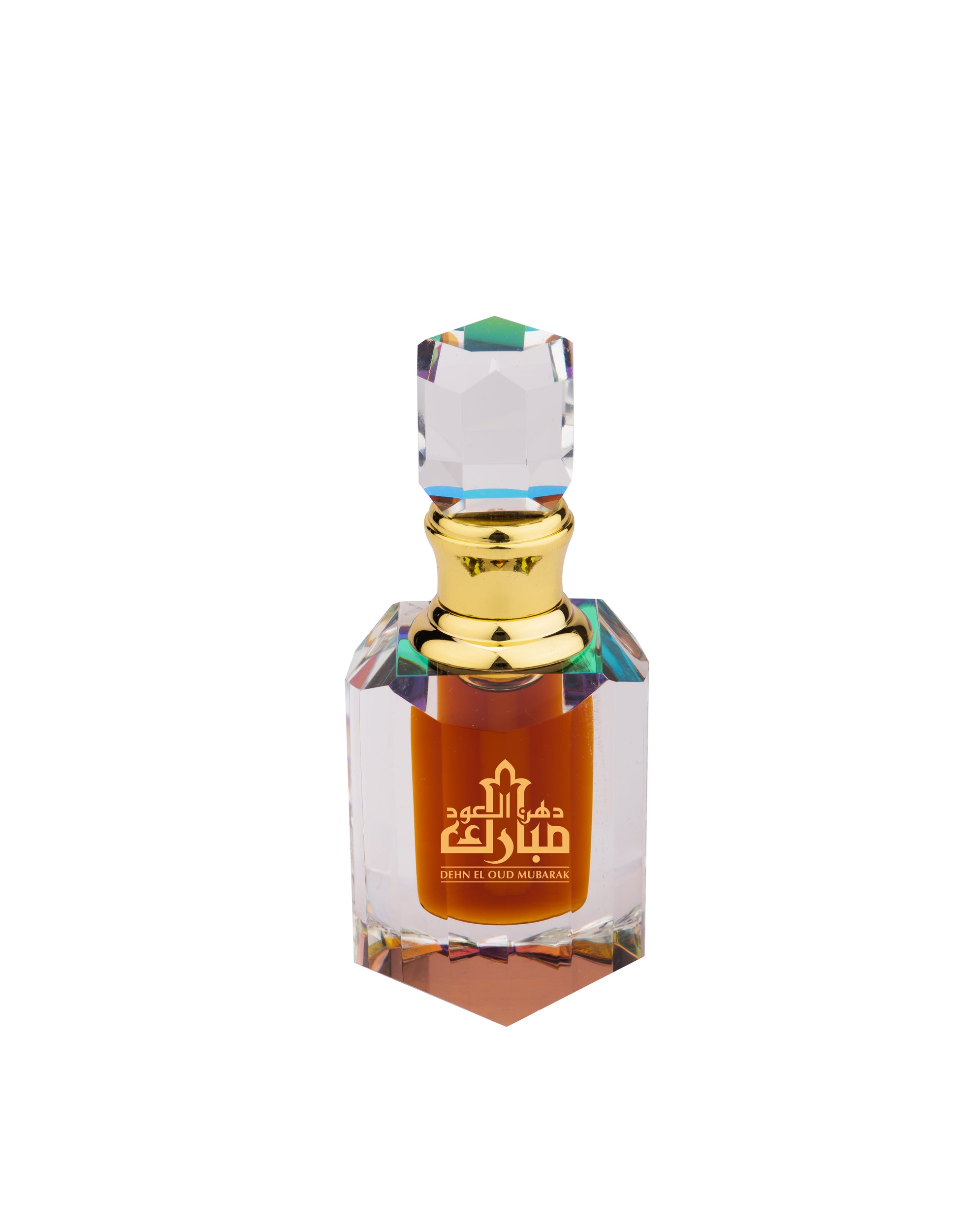 A clear, faceted glass bottle with a gold cap containing brown liquid, labeled with Arabic text and "Swiss Arabian Dehn El Oud Mubarak concentrated perfume oil" in English, this unisex perfume from Swiss Arabian is an exquisite blend.