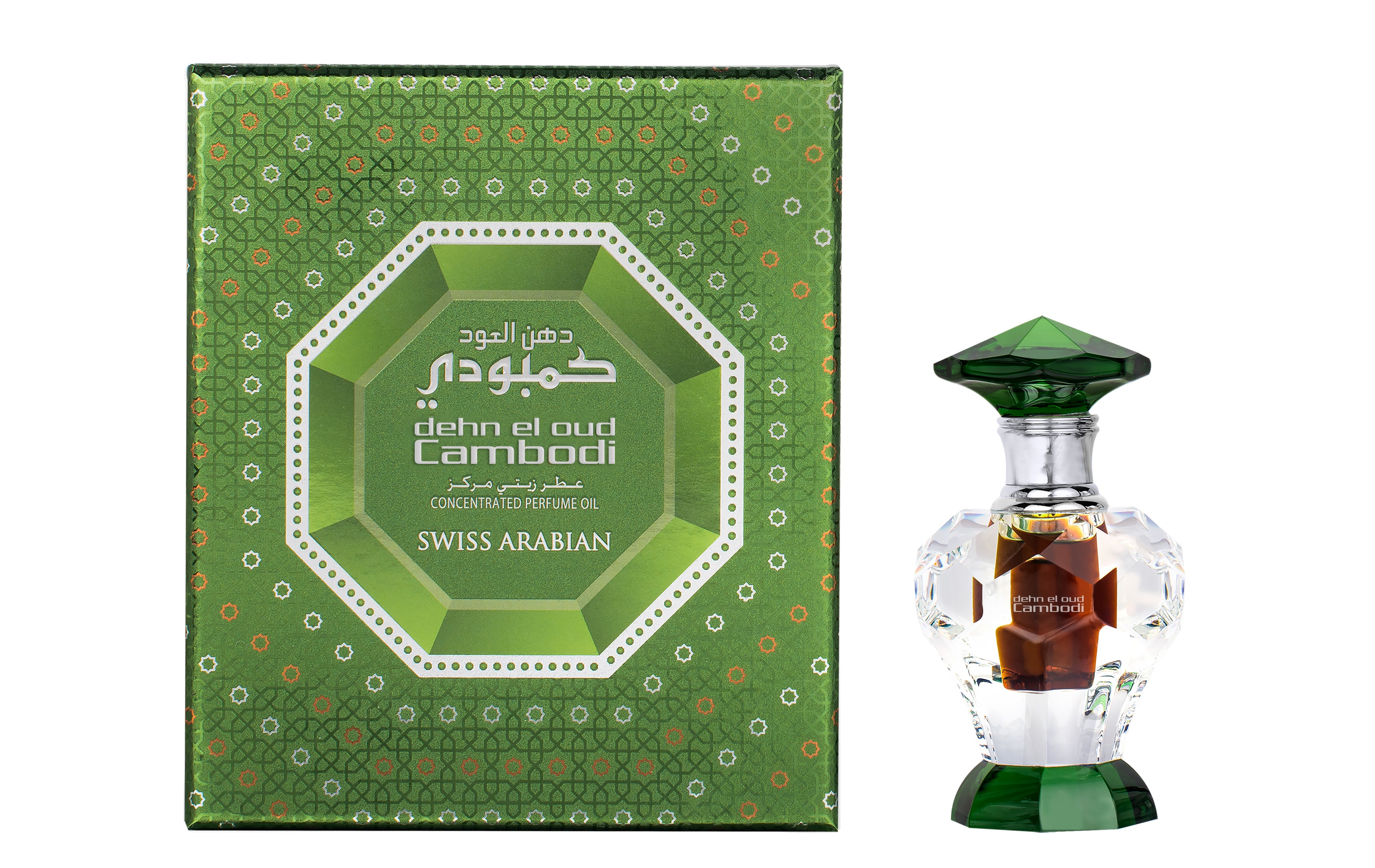 Green packaging and a luxury crystal bottle of Swiss Arabian Dehn El Oud Cambodi concentrated perfume oil, labeled premium quality Oud.