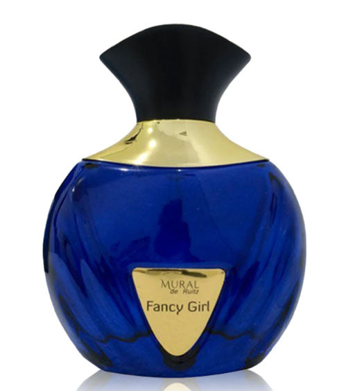 A bottle of Mural de Ruitz Fancy Girl Pour Femme 100ml Eau de Parfum by Dubai Perfumes on a white surface.