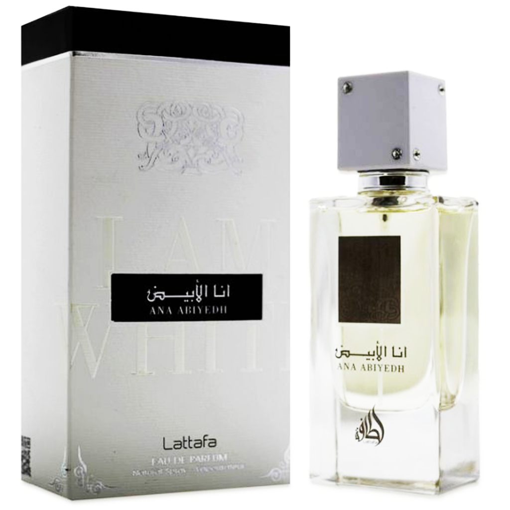 Image of a 60ml Eau De Parfum bottle labeled "Lattafa Ana Abiyedh," placed beside its corresponding white and silver packaging box with matching branding, showcasing this exquisite fragrance for men and women by Lataffa.