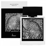 A bottle of Rasasi Rumz Al Rasasi 9453 Leopard pour Lui 50ml Eau De Parfum cologne.