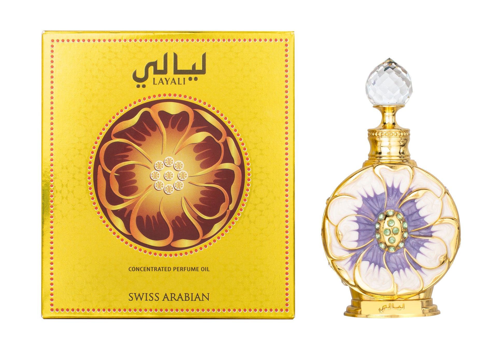 A yellow box with a floral design labeled "Swiss Arabian Layali Concentrated Perfume Oil" sits beside an ornate perfume bottle featuring a flower pattern and a crystal-like cap, exuding an amber floral fragrance. Text at the bottom reads "Swiss Arabian.