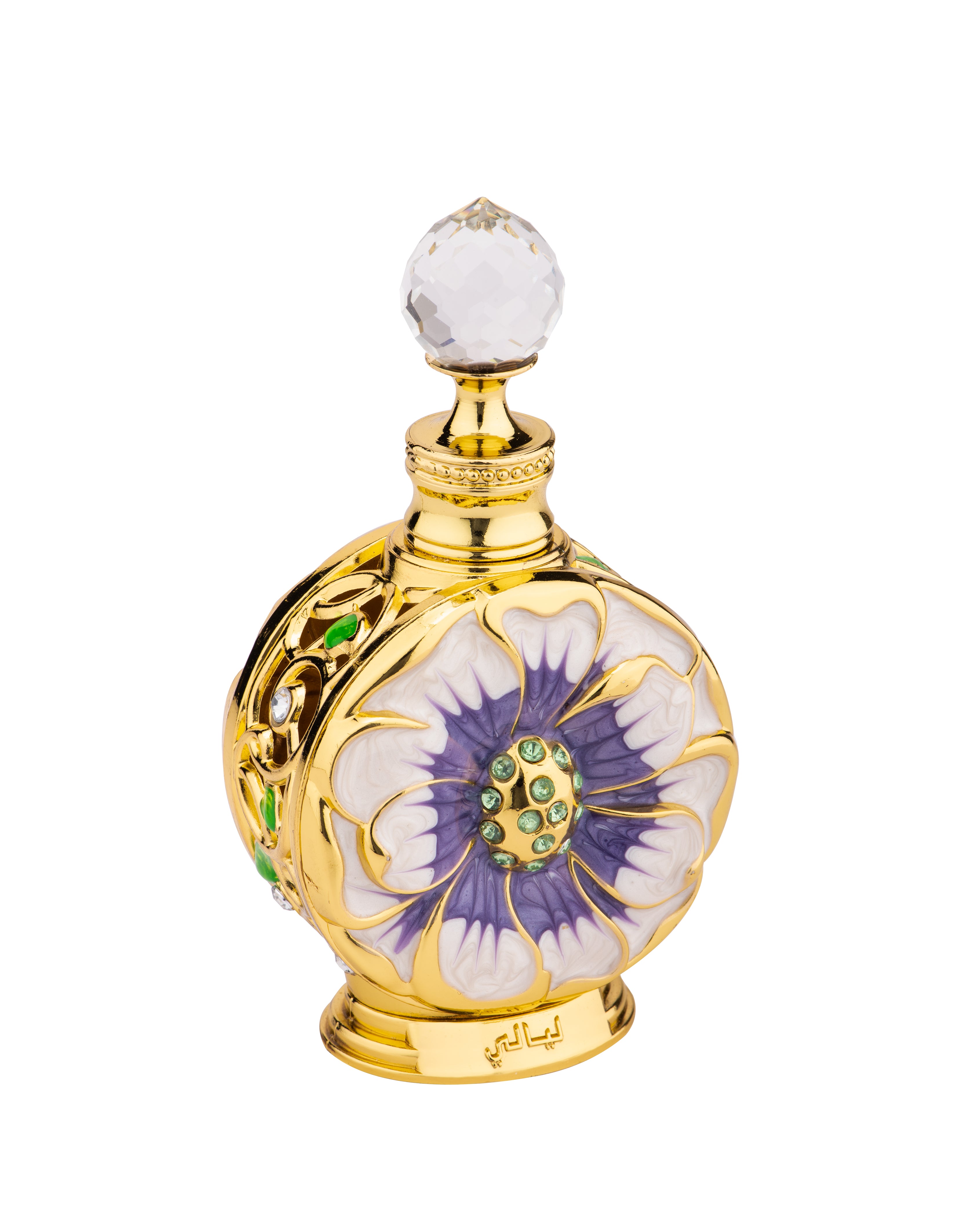 A gold perfume bottle with an ornate design featuring a large purple and white flower adorned with green gemstones. The bottle, inspired by Swiss Arabian Layali Concentrated Perfume Oil by Swiss Arabian, has a faceted glass stopper that holds an Amber Floral fragrance.