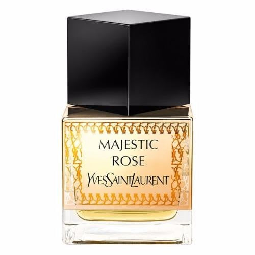 The YSL Majestic Rose 80ml Eau De Parfum by Yves Saint Laurent is an Oriental Floral fragrance, showcased in a striking bottle with a square black cap and elegant gold detailing.